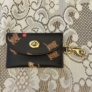 COACH Black Cat Print Card Holder with Gold Clasp